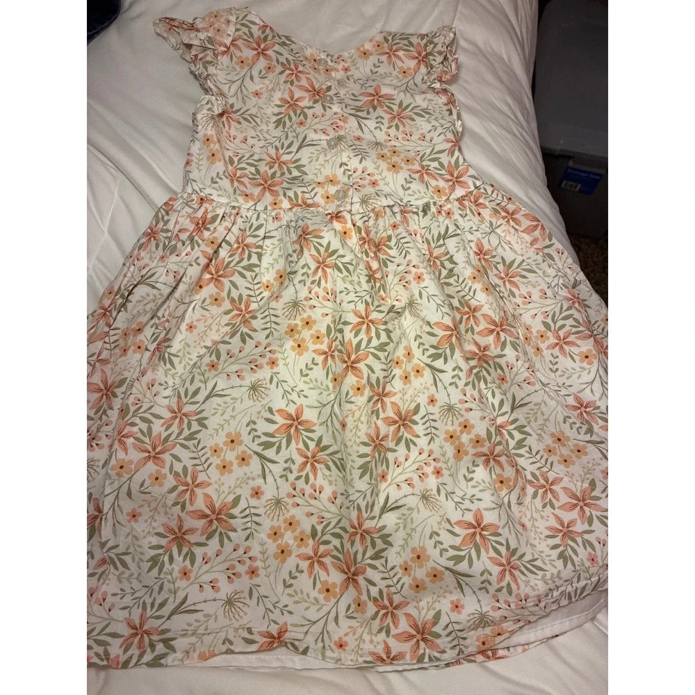 Catherine Malandrino Girls Floral Ruffle Sleeve Dress Size 5T Peach Green White